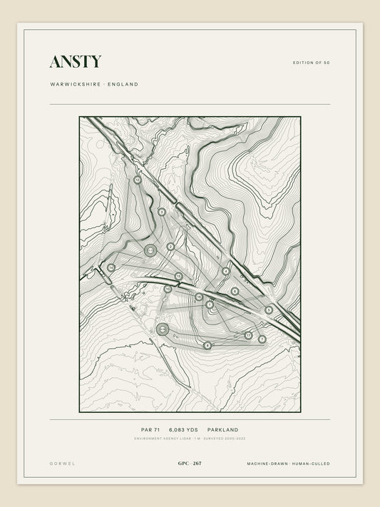 Ansty, Warwickshire topographic golf course print