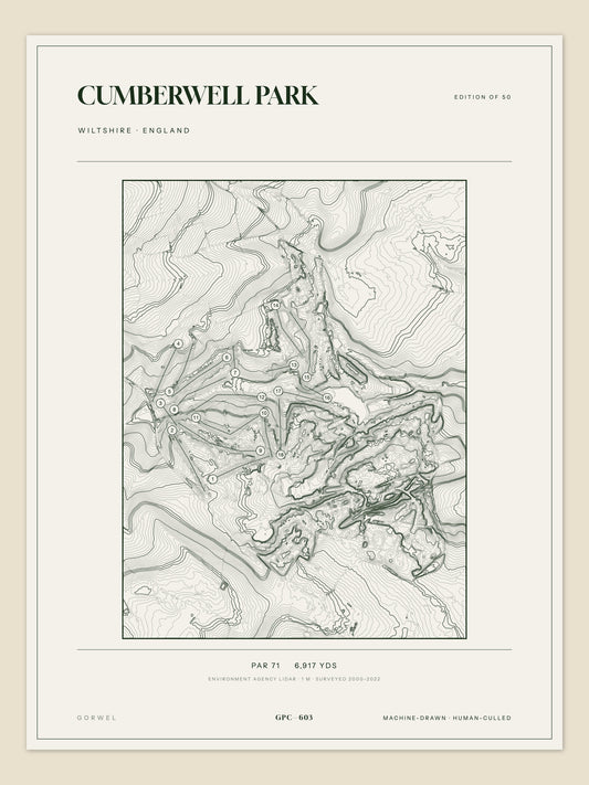 Cumberwell Park topographic golf course print — unframed sheet — Gorwel Print Co
