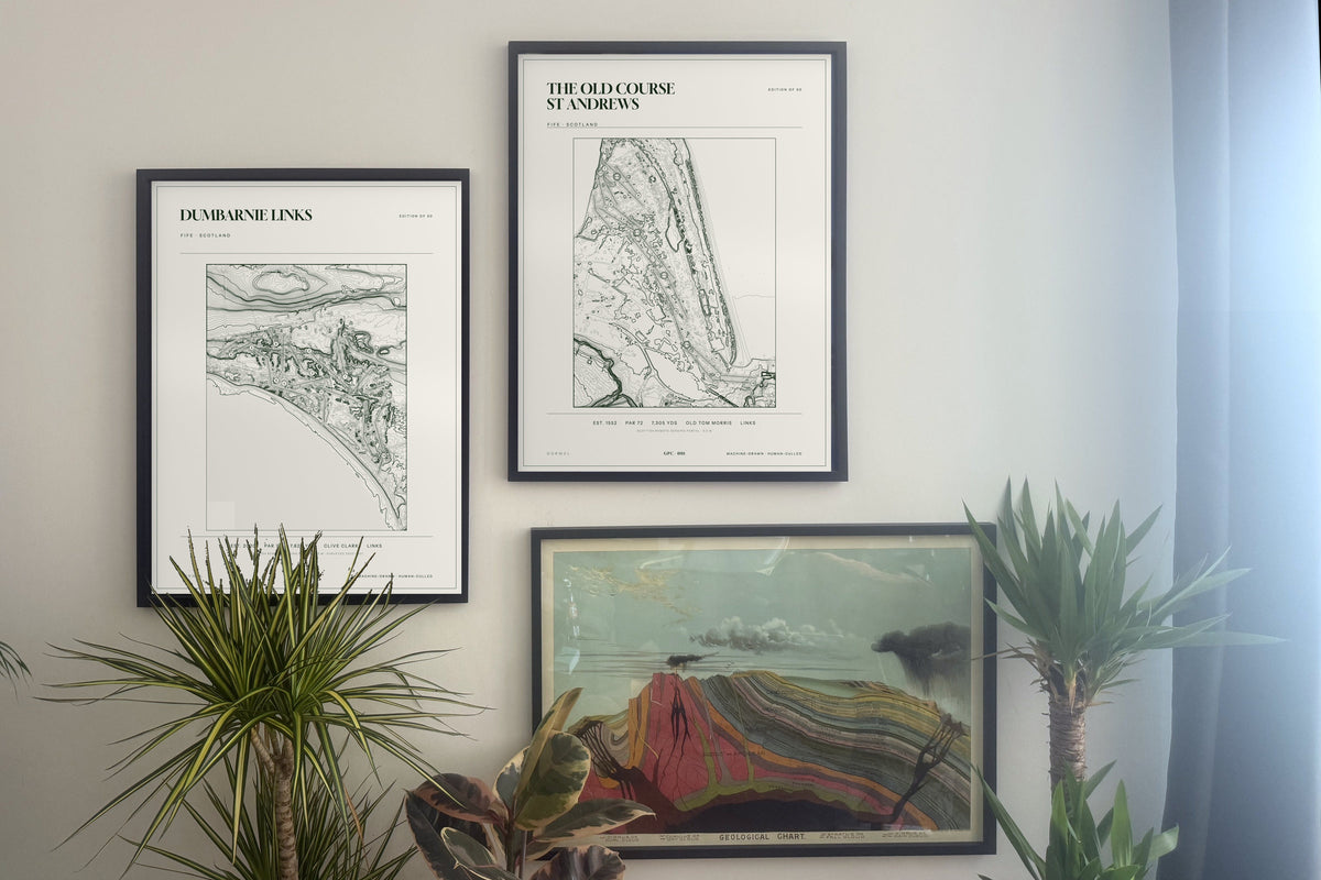Dumbarnie Links topographic golf course print — gallery pair — Gorwel Print Co