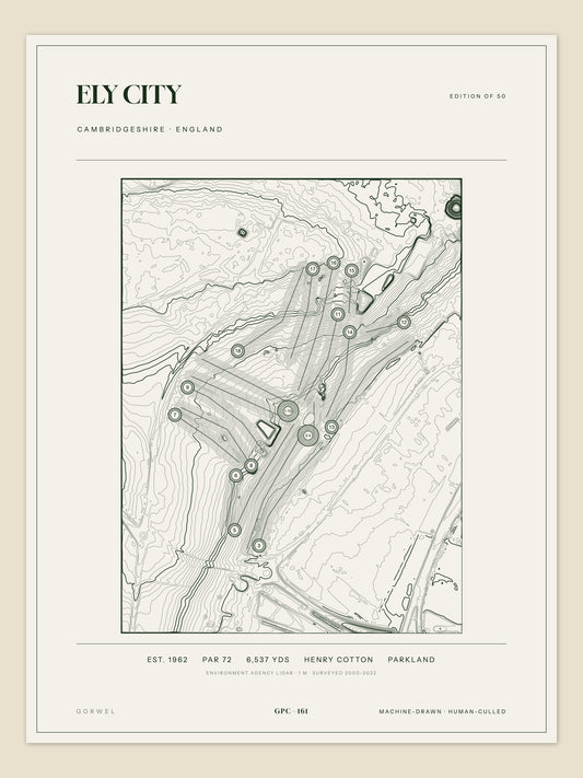 Ely City, Cambridgeshire topographic golf course print