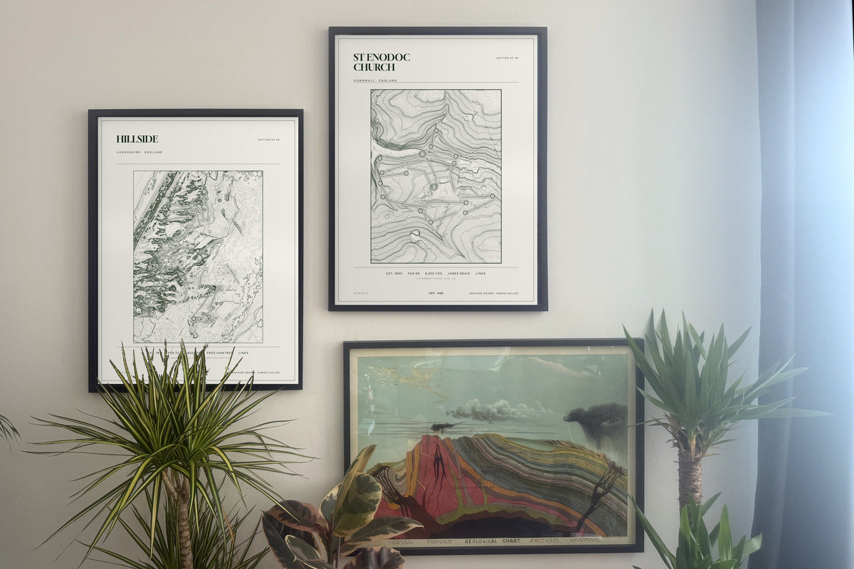 Hillside, Lancashire and prints, framed, gallery wall