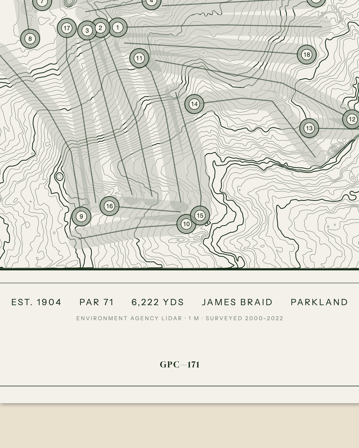 Hull topographic golf course print — data strip and edition mark — Gorwel Print Co
