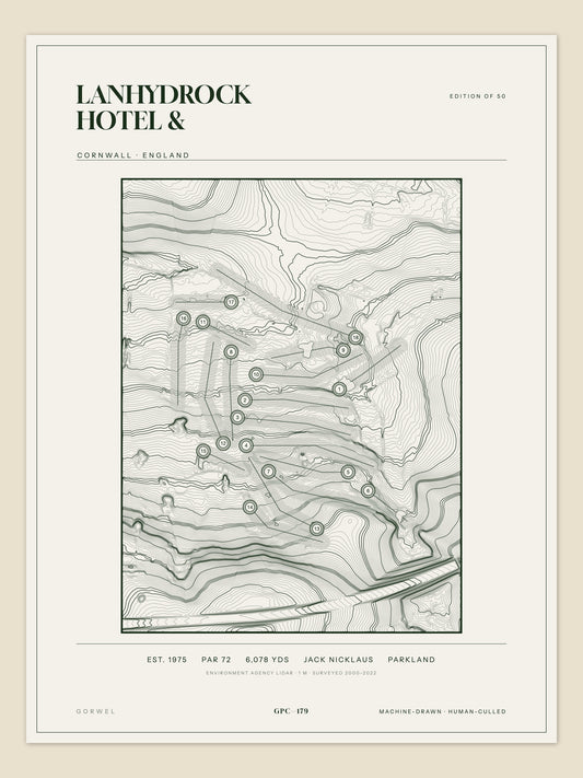 Lanhydrock Hotel &, Cornwall topographic golf course print