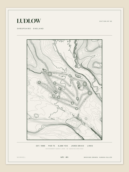 Ludlow, Shropshire topographic golf course print