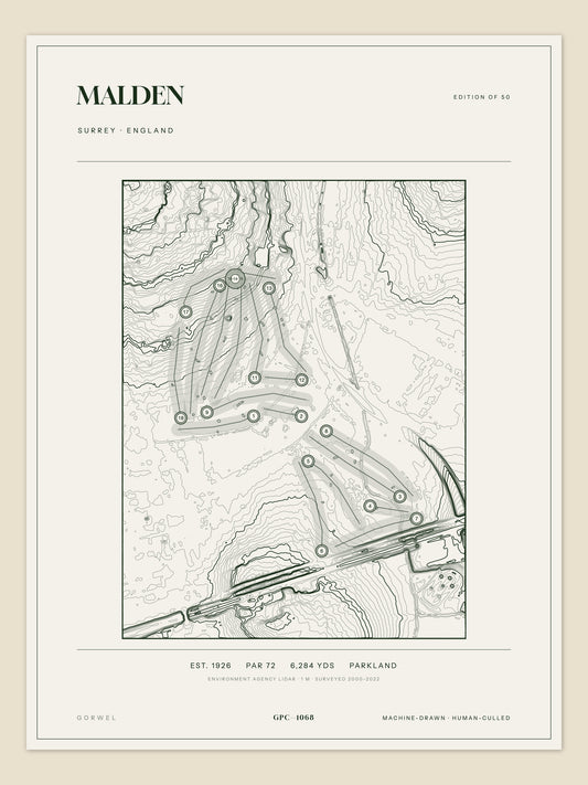 Malden, Surrey topographic golf course print