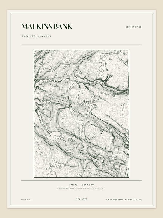 Malkins Bank, Cheshire topographic golf course print