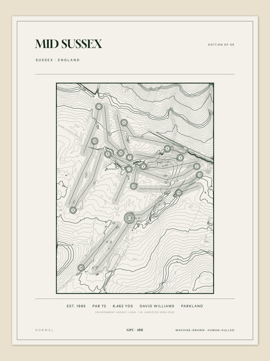 Mid Sussex, Sussex topographic golf course print