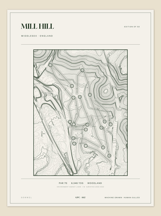 Mill Hill, Middlesex topographic golf course print