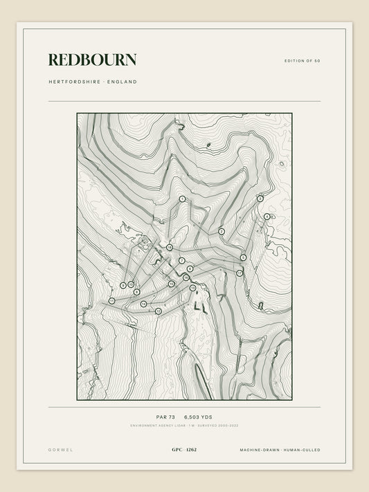 Redbourn topographic golf course print — unframed sheet — Gorwel Print Co