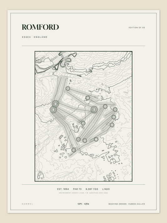 Romford, Essex topographic golf course print