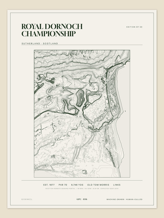 Royal Dornoch Championship topographic golf course print — unframed sheet — Gorwel Print Co