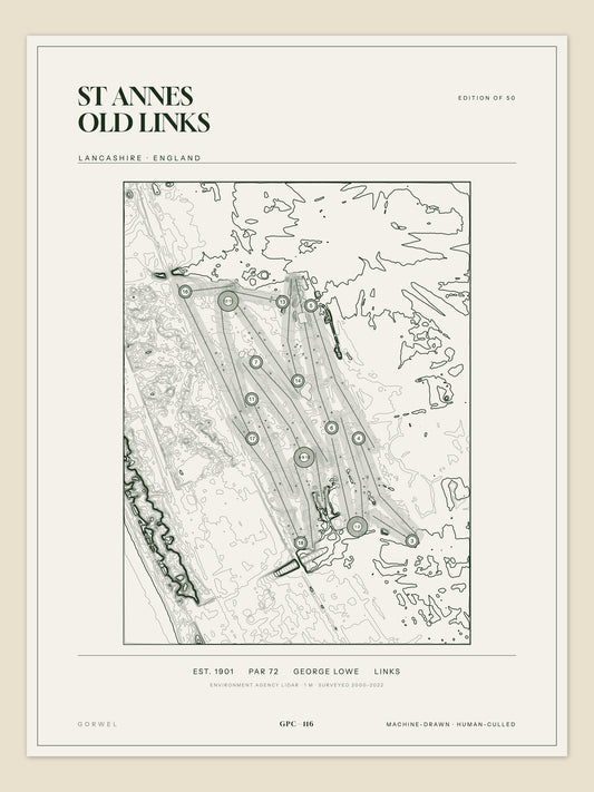St Annes Old Links, Lancashire topographic golf course print