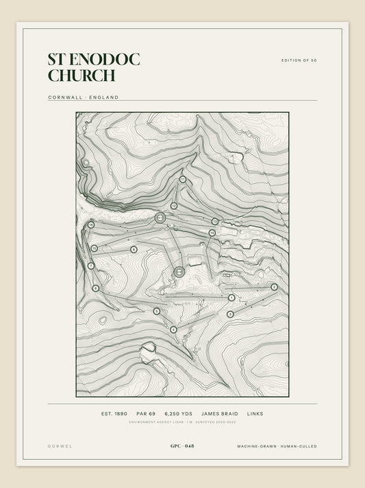 St Enodoc Church, Cornwall topographic golf course print