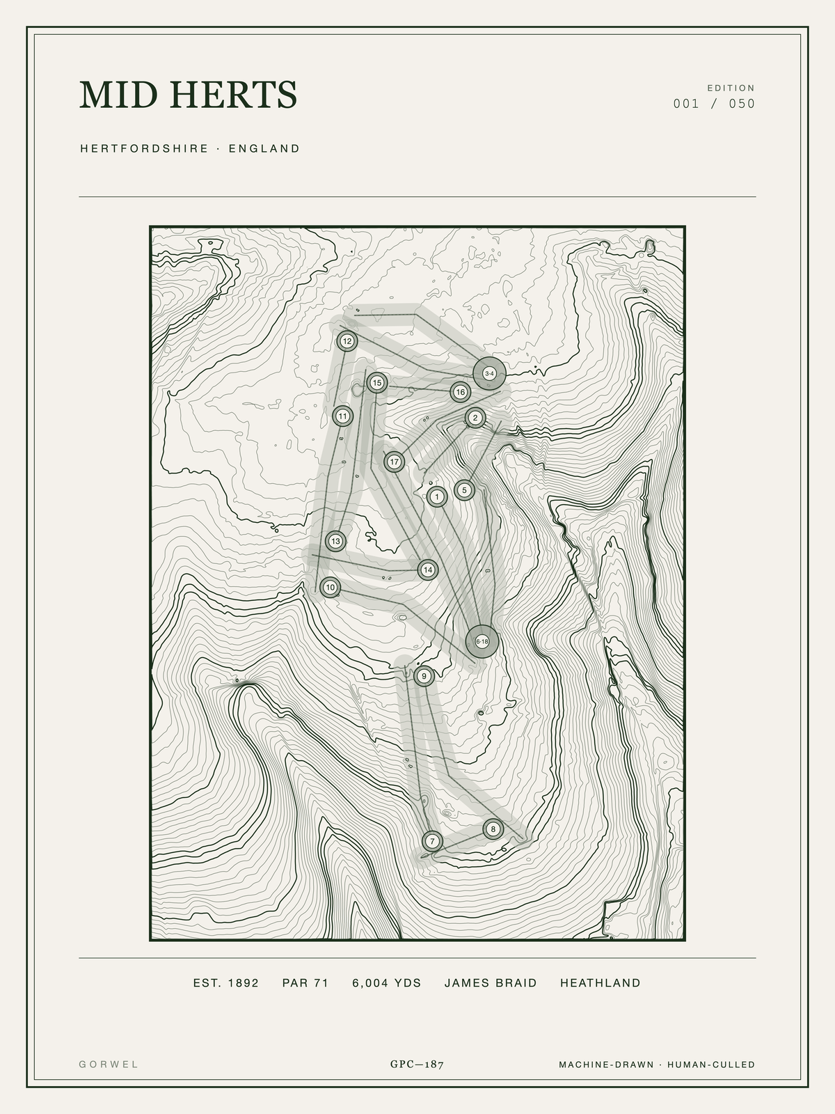 Mid Herts Golf Course Print | Topographic Map Wall Art