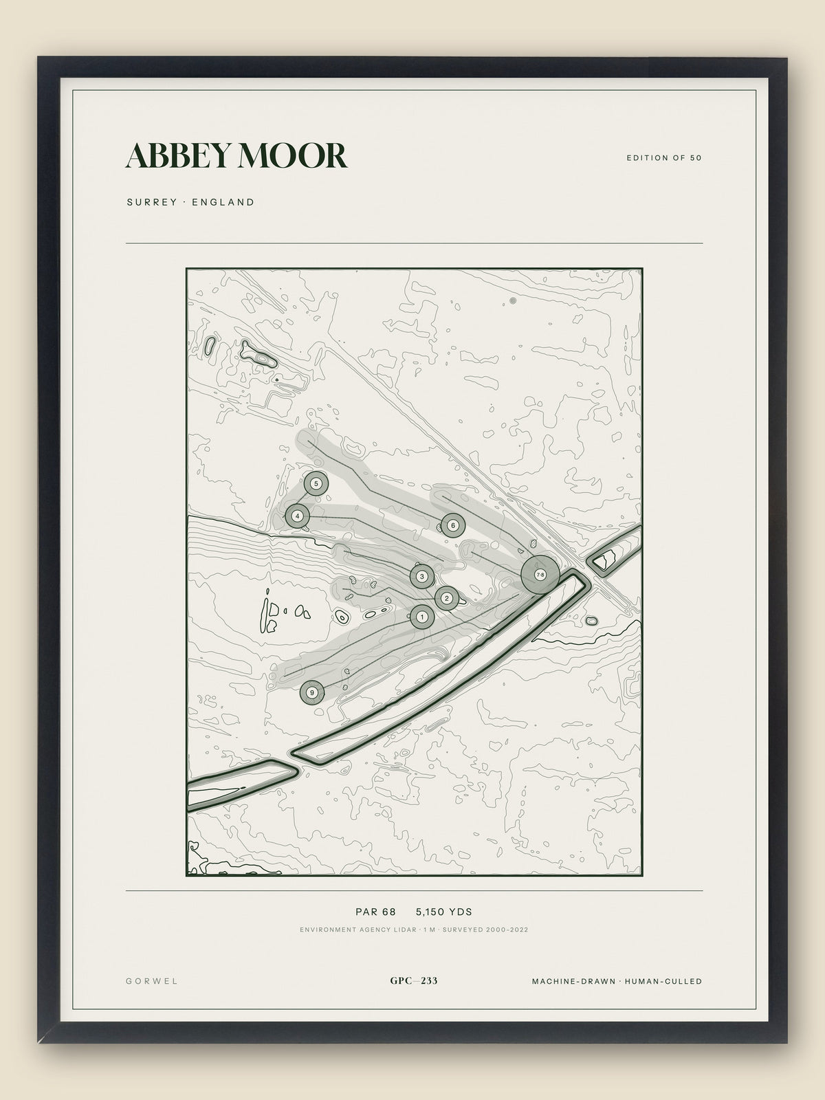 Abbey Moor, Surrey topographic golf course print, framed — Gorwel Print Co