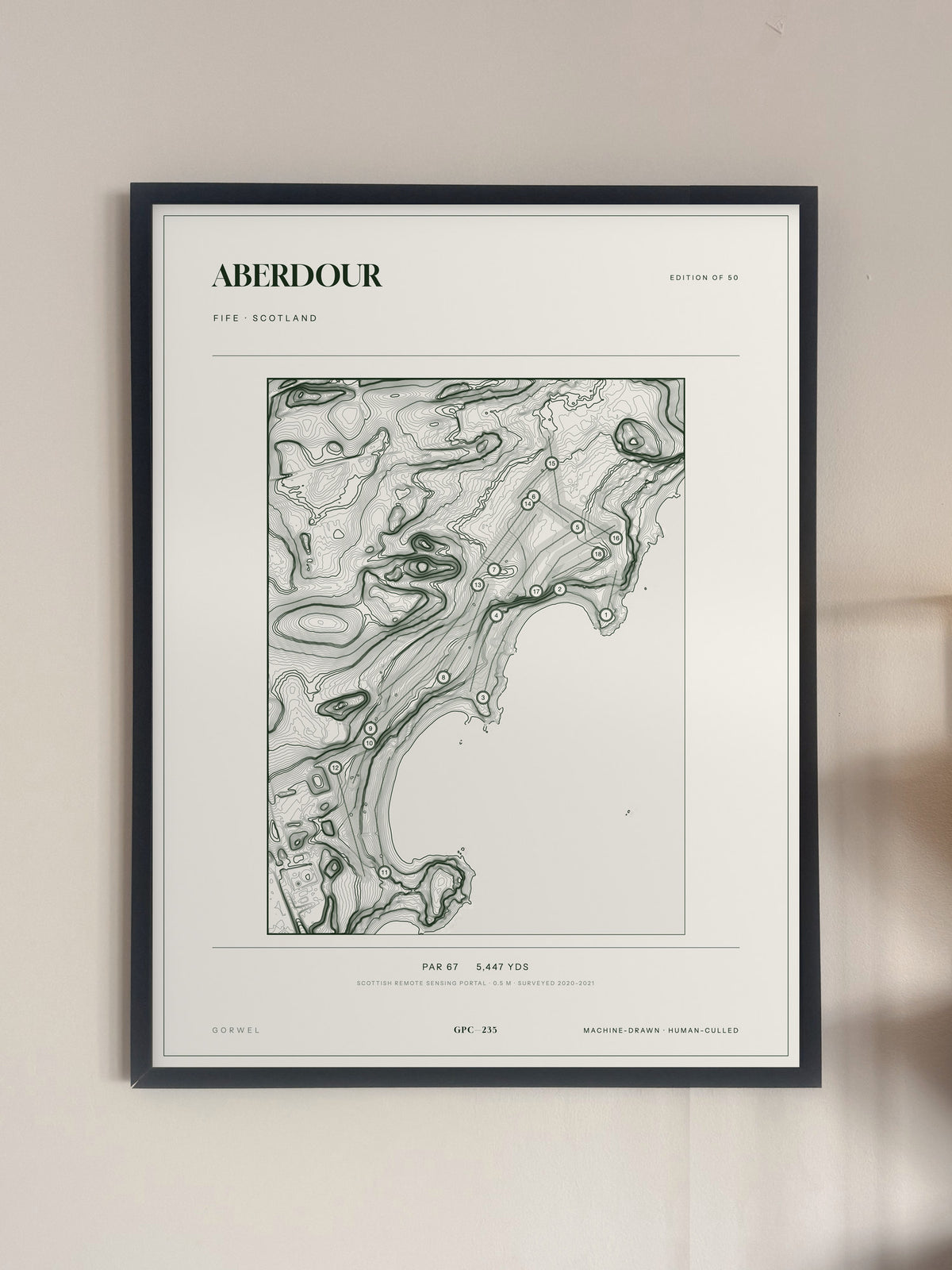 Aberdour topographic golf course print — framed on a wall — Gorwel Print Co