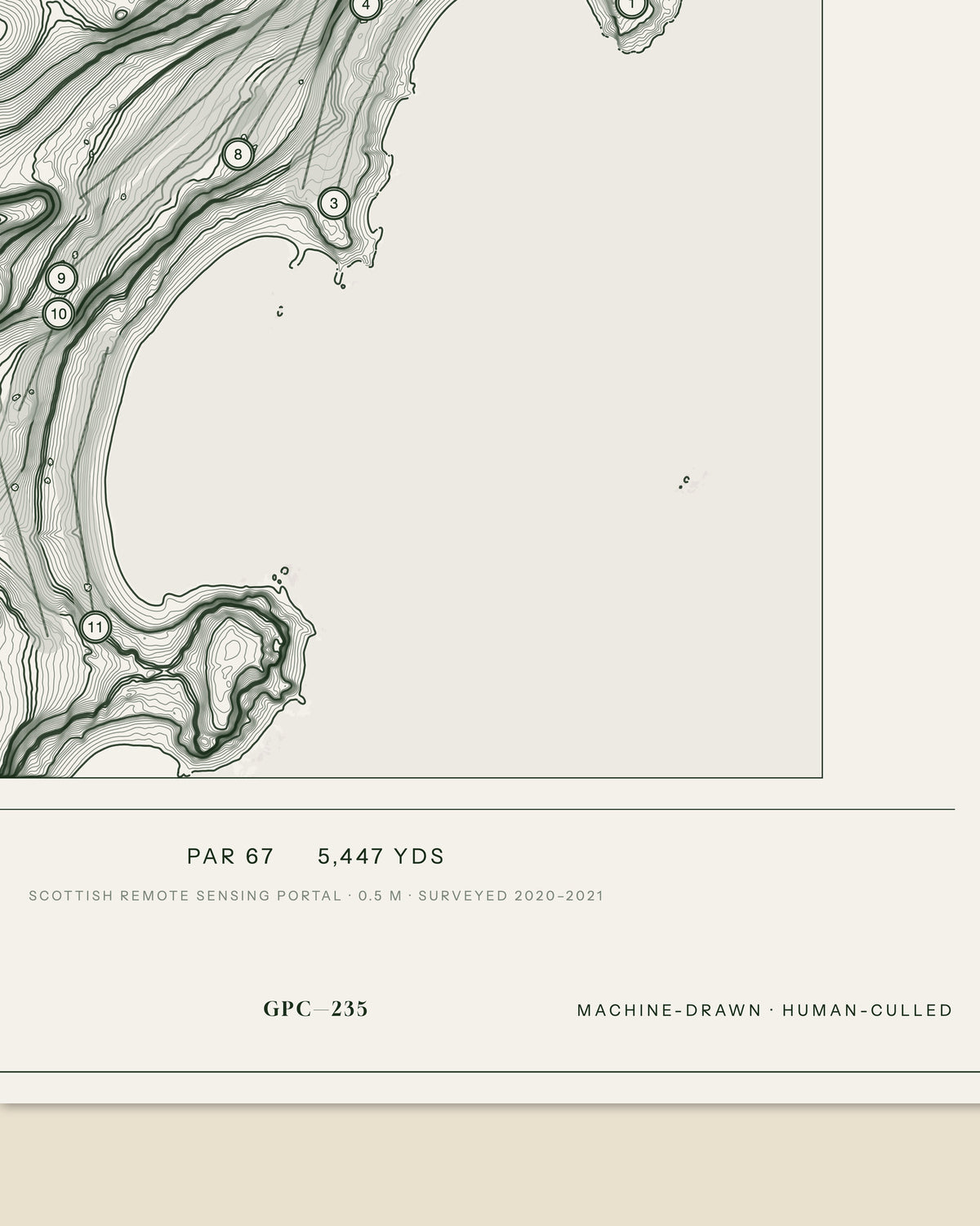 Aberdour topographic golf course print — data strip and edition mark — Gorwel Print Co