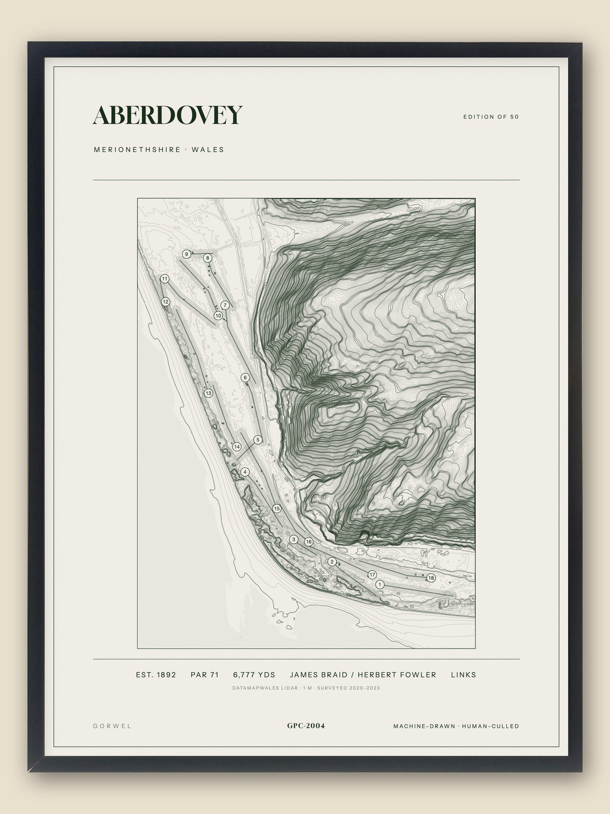 Aberdovey, Merionethshire topographic golf course print, framed — Gorwel Print Co