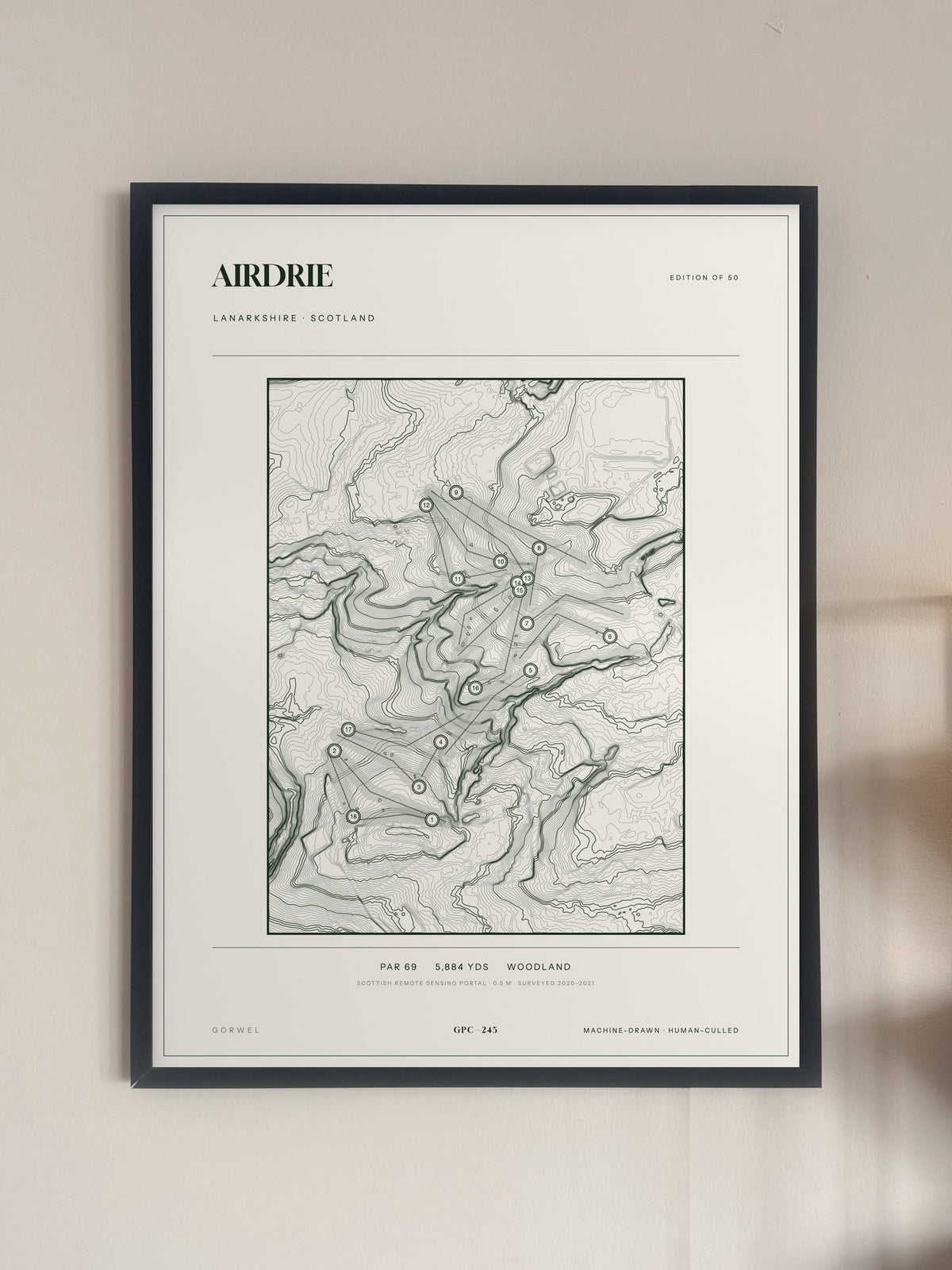 Airdrie topographic golf course print — framed on a wall — Gorwel Print Co