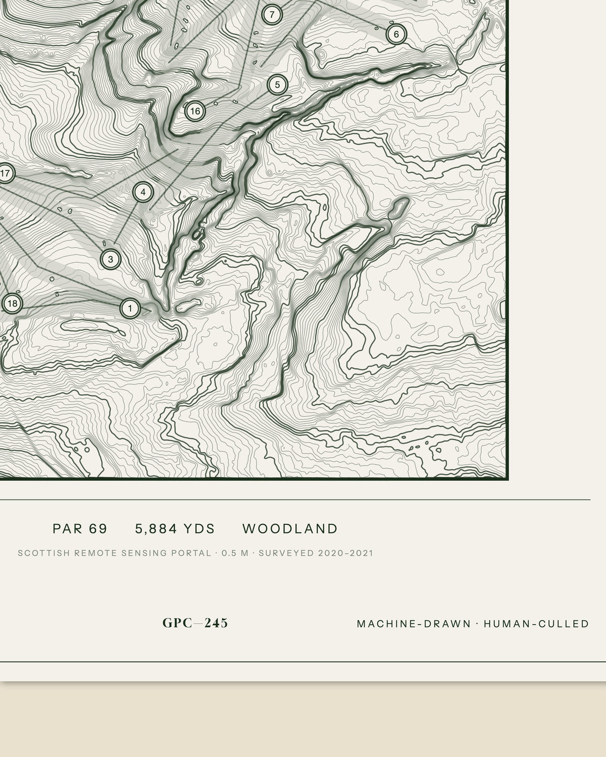 Airdrie topographic golf course print — data strip and edition mark — Gorwel Print Co