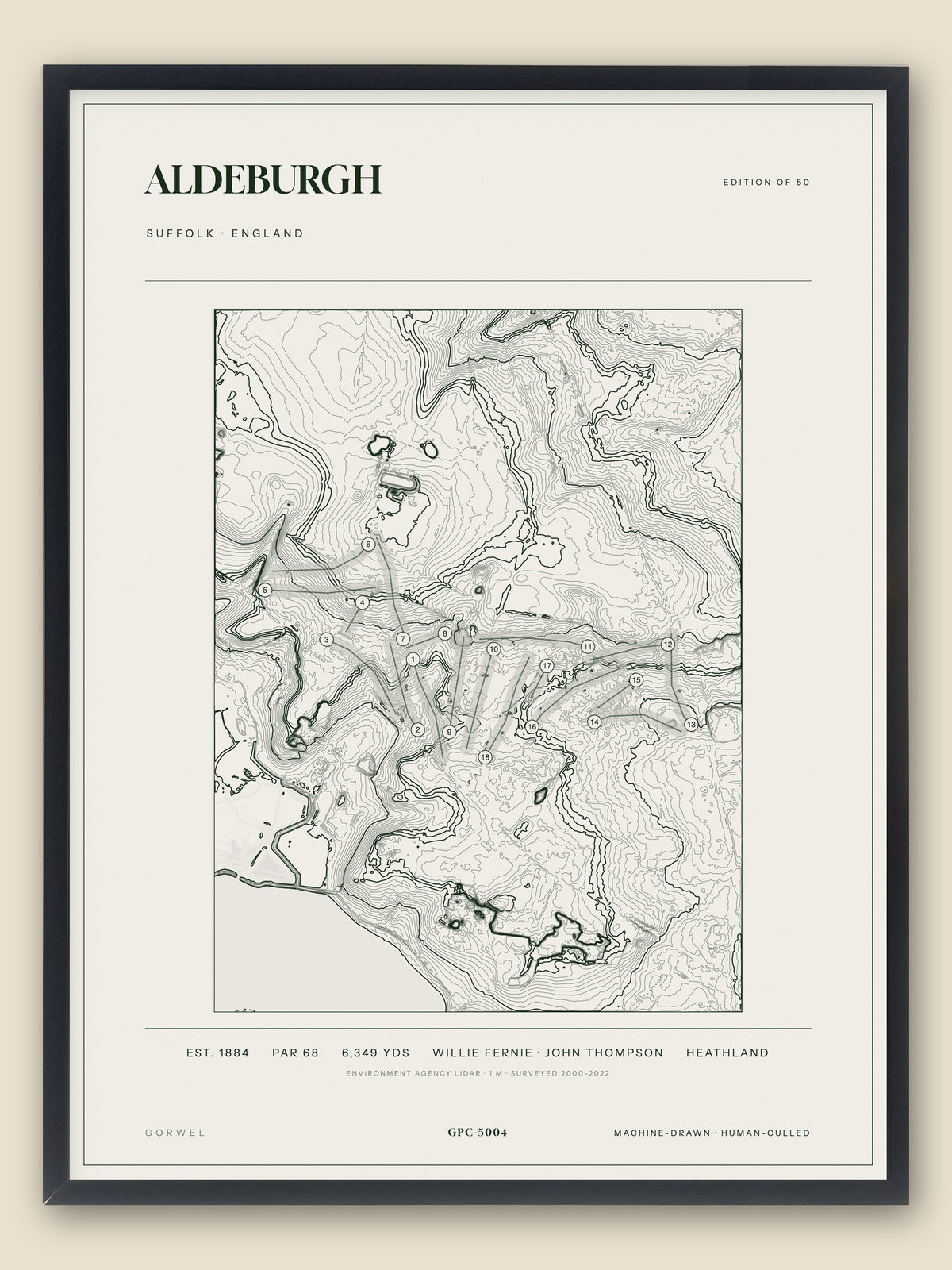 Aldeburgh, Suffolk topographic golf course print, framed — Gorwel Print Co