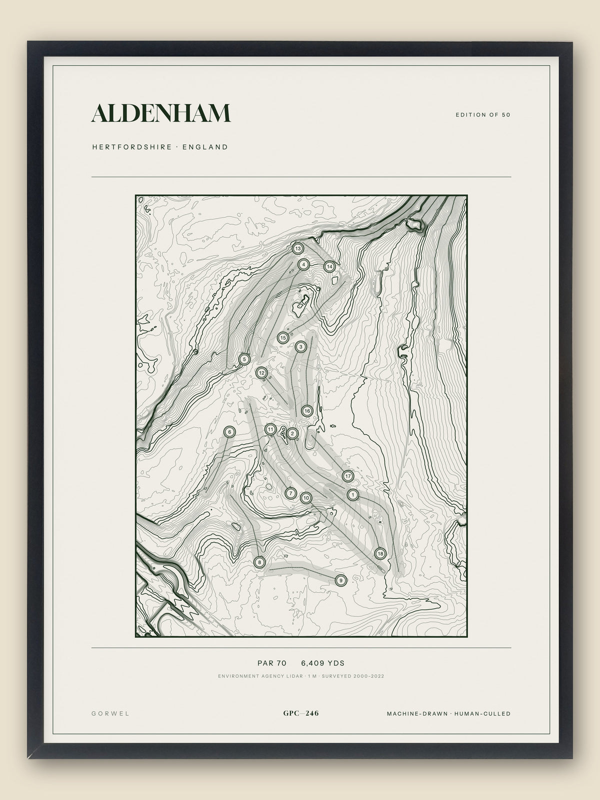 Aldenham, Hertfordshire topographic golf course print, framed — Gorwel Print Co