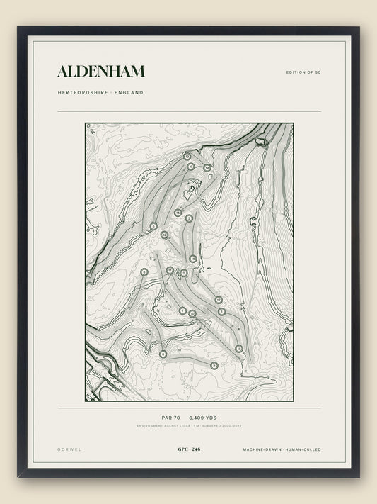 Aldenham, Hertfordshire topographic golf course print, framed — Gorwel Print Co