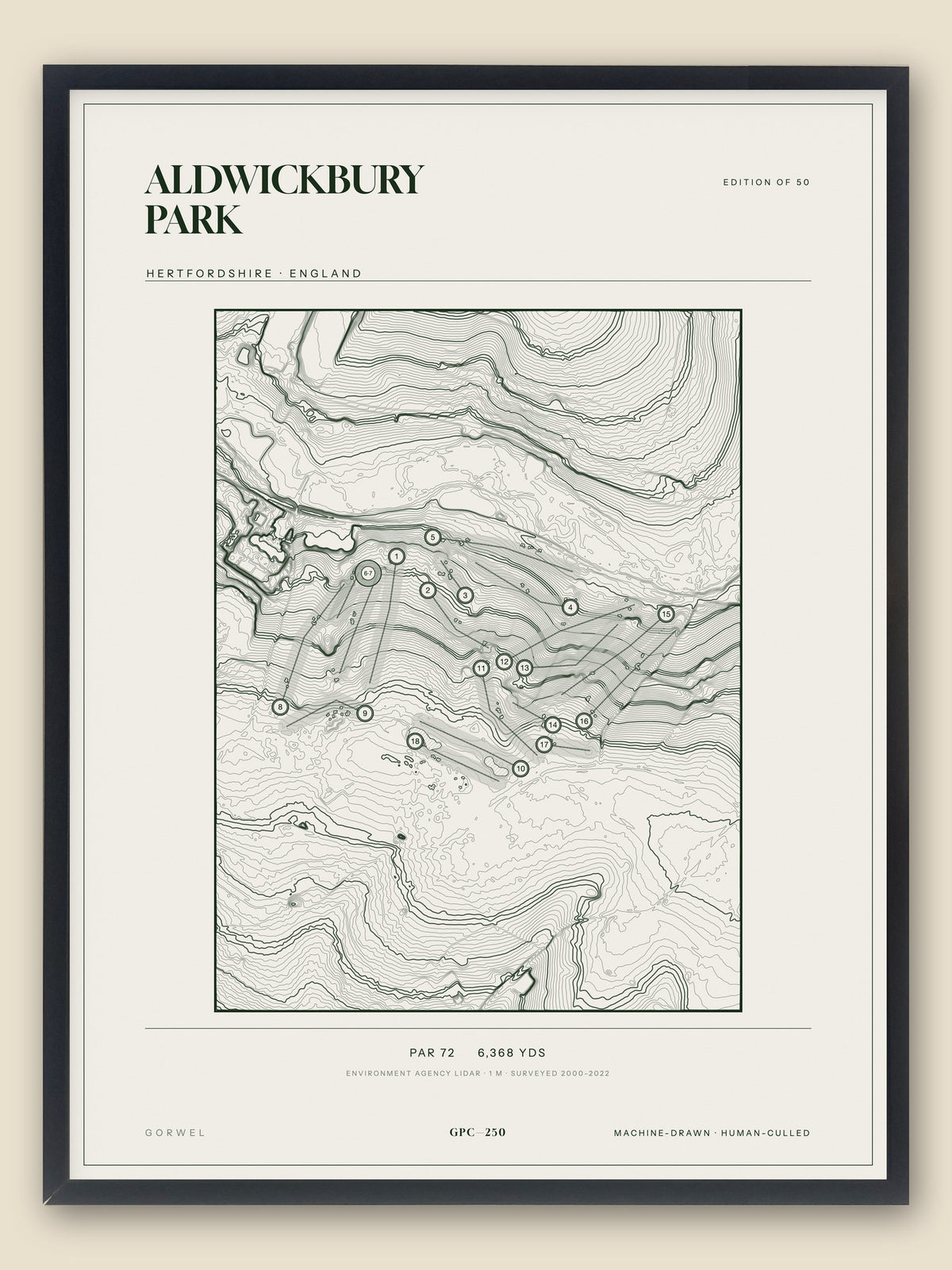 Aldwickbury Park, Hertfordshire topographic golf course print, framed — Gorwel Print Co