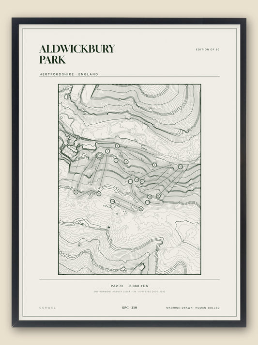 Aldwickbury Park, Hertfordshire topographic golf course print, framed — Gorwel Print Co