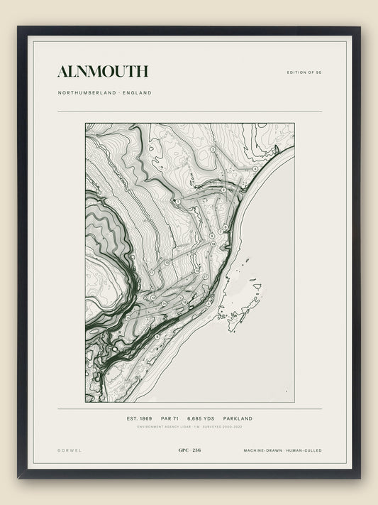 Alnmouth, Northumberland topographic golf course print, framed — Gorwel Print Co