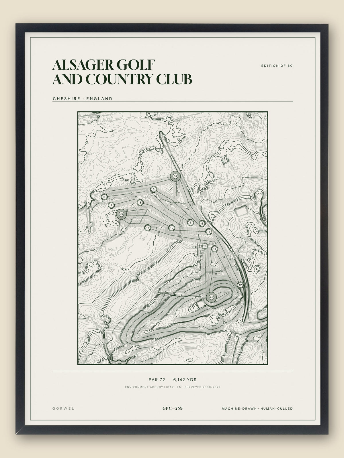 Alsager Golf and Country Club, Cheshire topographic golf course print, framed — Gorwel Print Co
