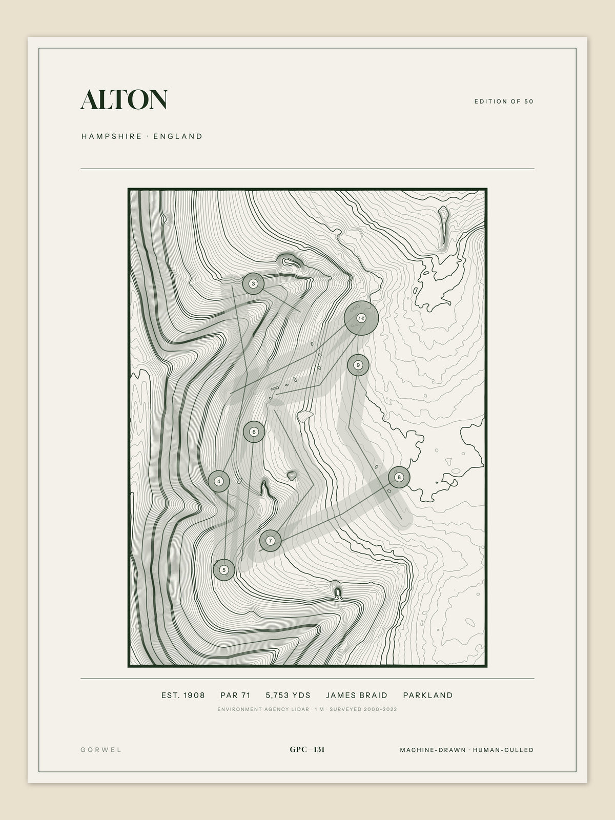 Alton, Hampshire topographic golf course print