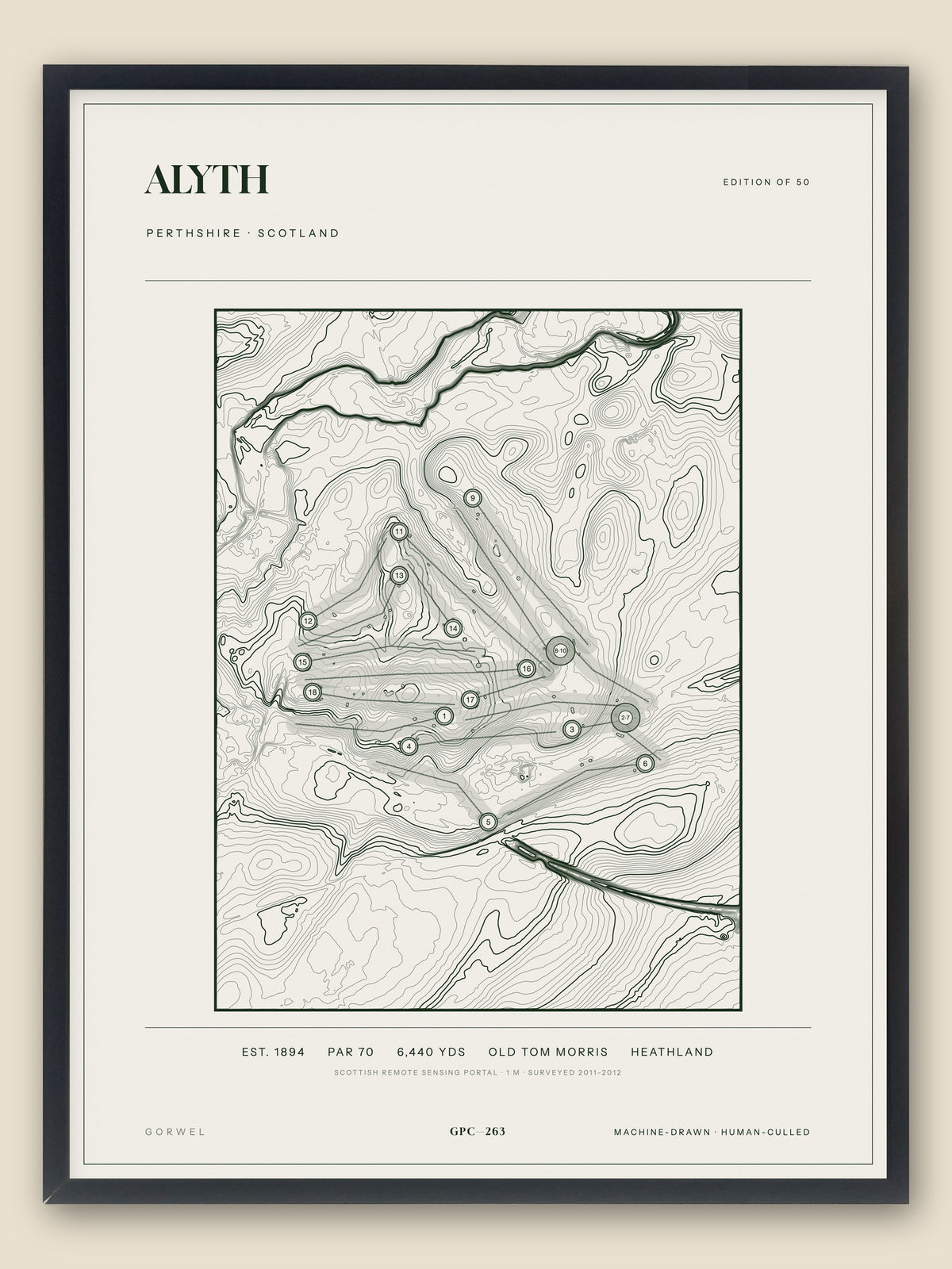 Alyth, Perthshire topographic golf course print, framed — Gorwel Print Co