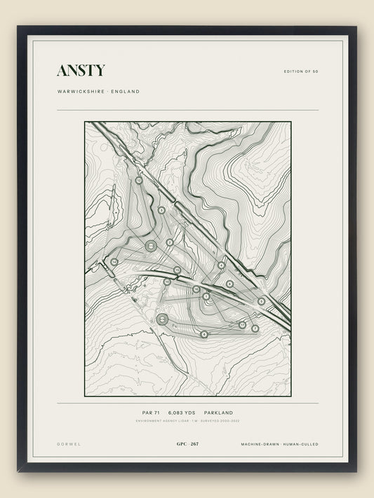 Ansty, Warwickshire topographic golf course print, framed — Gorwel Print Co