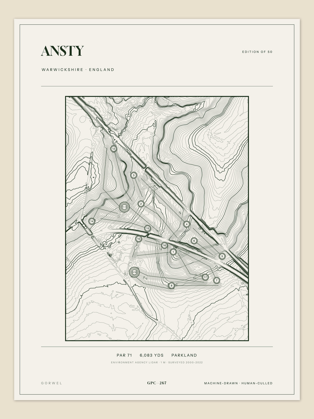 Ansty, Warwickshire topographic golf course print