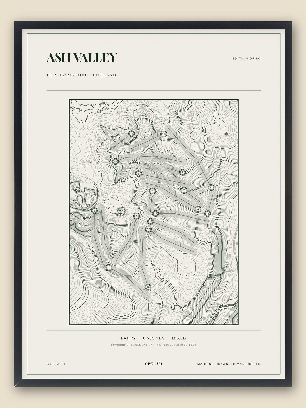 Ash Valley, Hertfordshire topographic golf course print, framed — Gorwel Print Co
