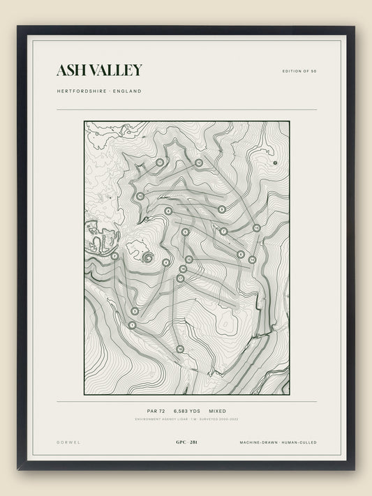 Ash Valley, Hertfordshire topographic golf course print, framed — Gorwel Print Co