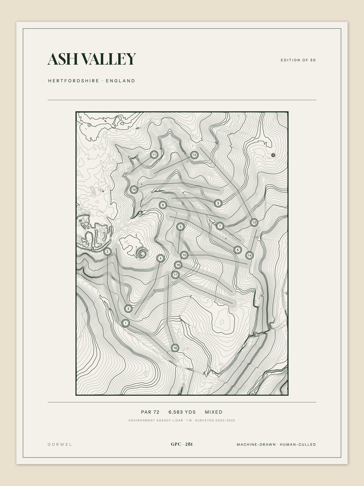 Ash Valley, Hertfordshire topographic golf course print