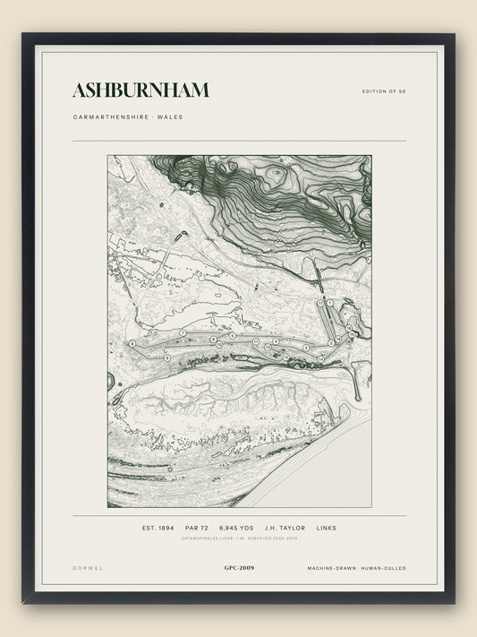 Ashburnham, Carmarthenshire topographic golf course print, framed — Gorwel Print Co