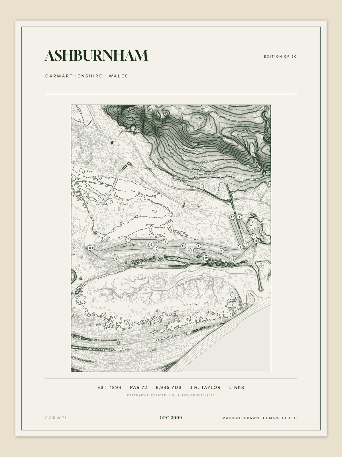 Ashburnham, Carmarthenshire topographic golf course print