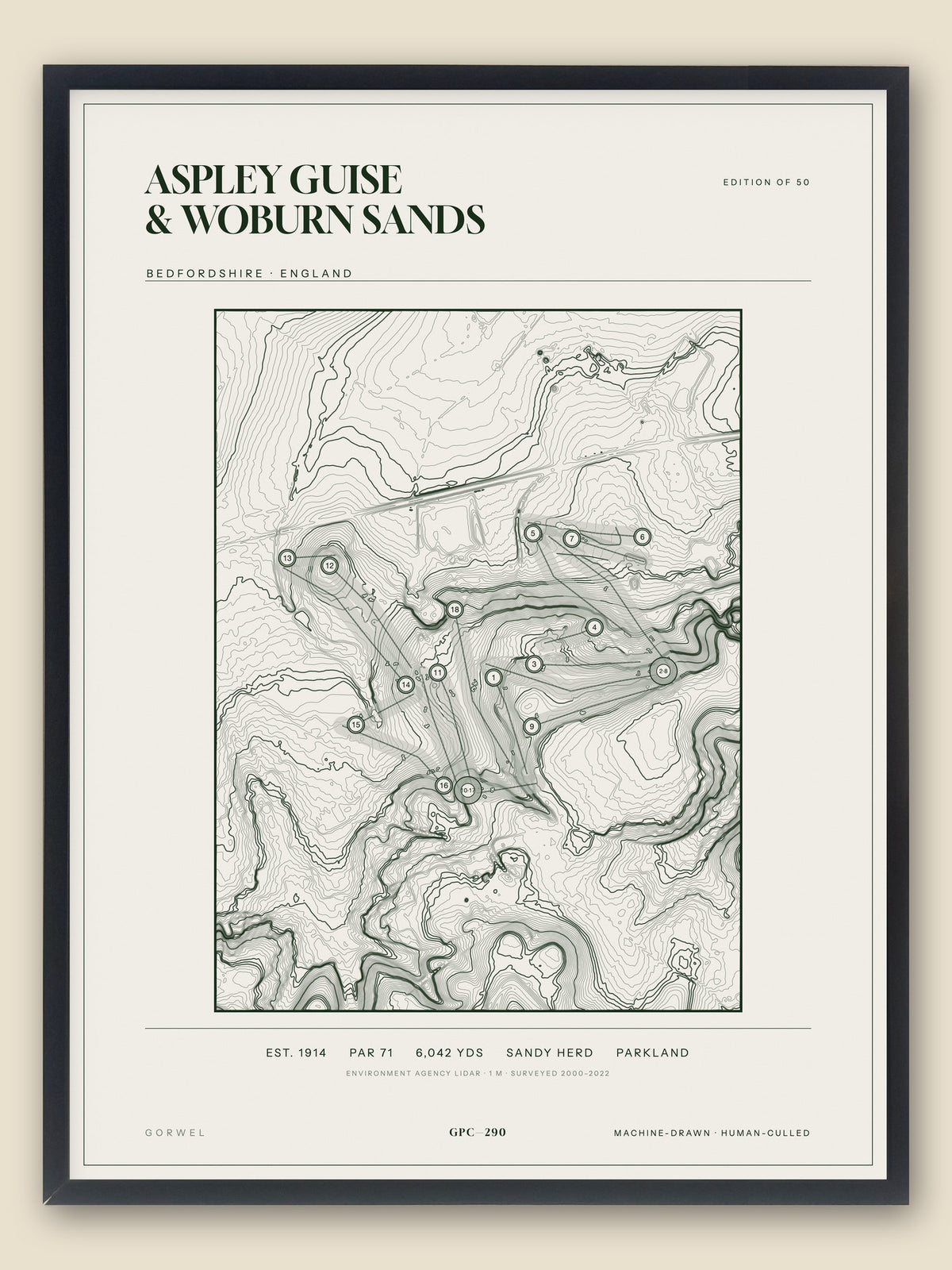 Aspley Guise & Woburn Sands, Bedfordshire topographic golf course print, framed — Gorwel Print Co