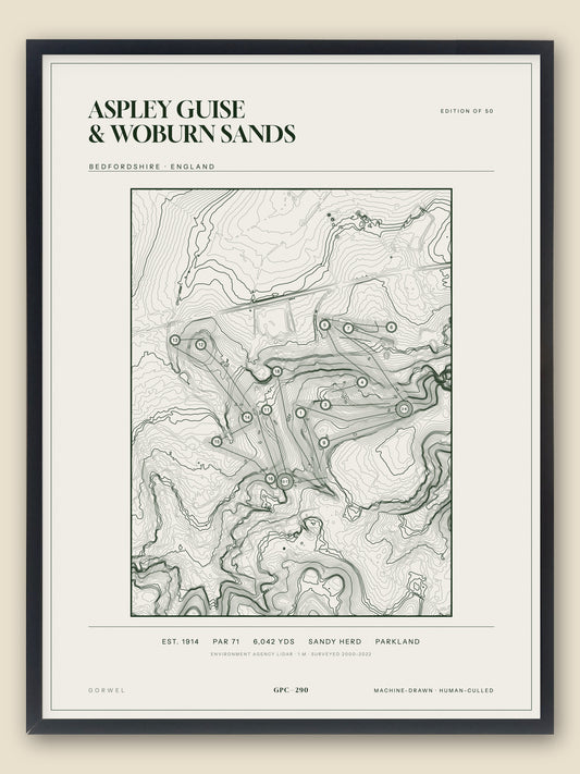 Aspley Guise & Woburn Sands, Bedfordshire topographic golf course print, framed — Gorwel Print Co