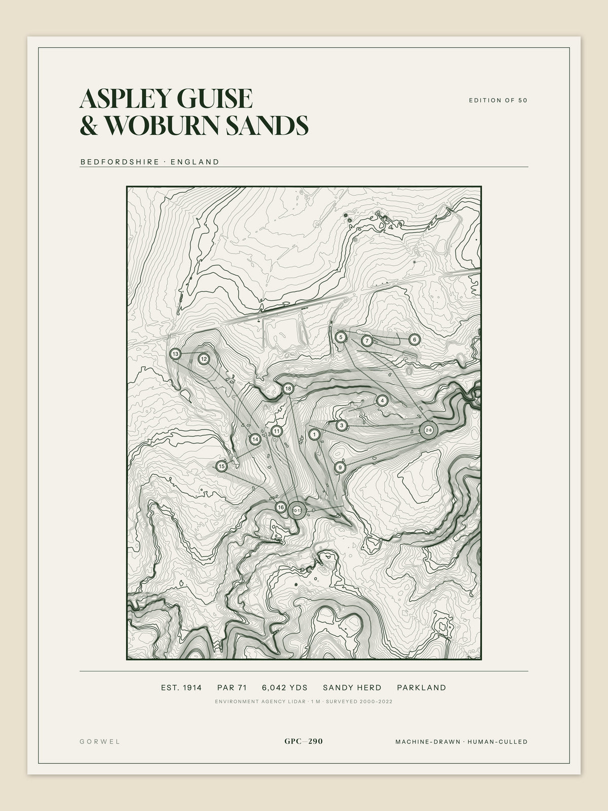 Aspley Guise & Woburn Sands, Bedfordshire topographic golf course print