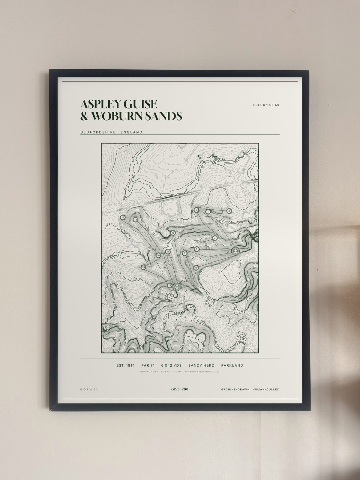 Aspley Guise & Woburn Sands, Bedfordshire print, framed, on a wall