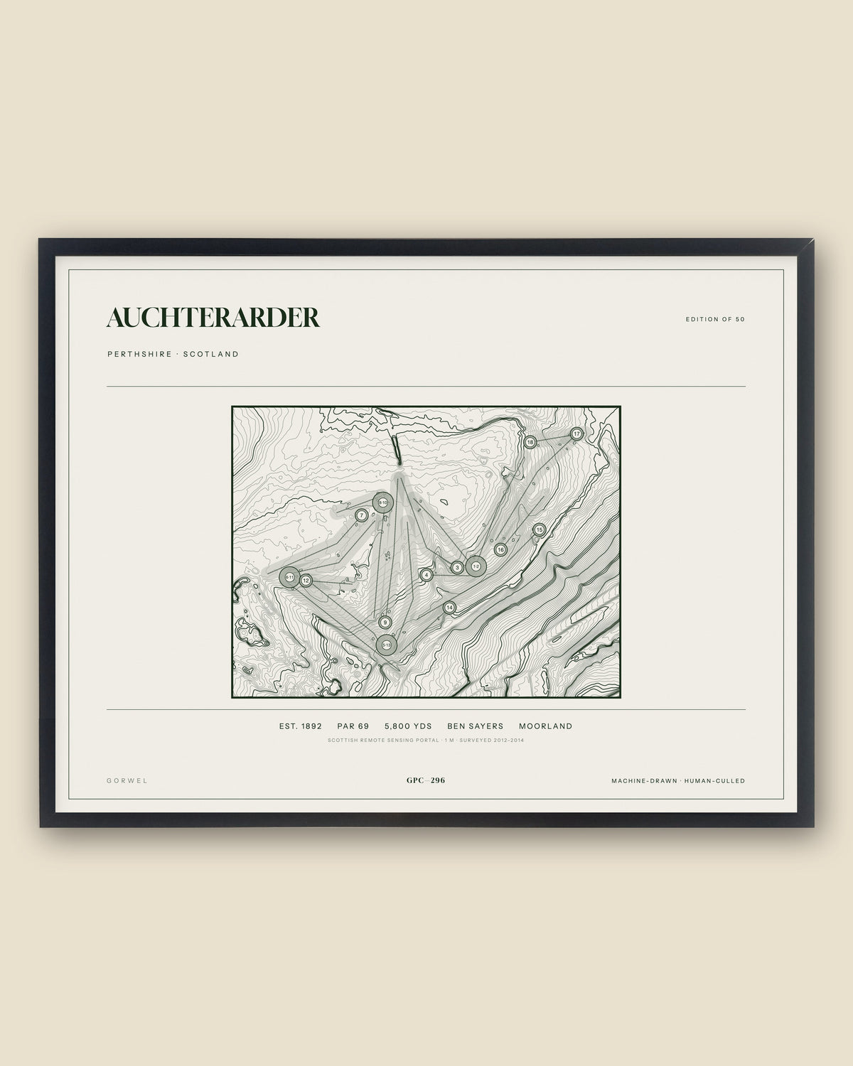 Auchterarder, Perthshire topographic golf course print, framed — Gorwel Print Co