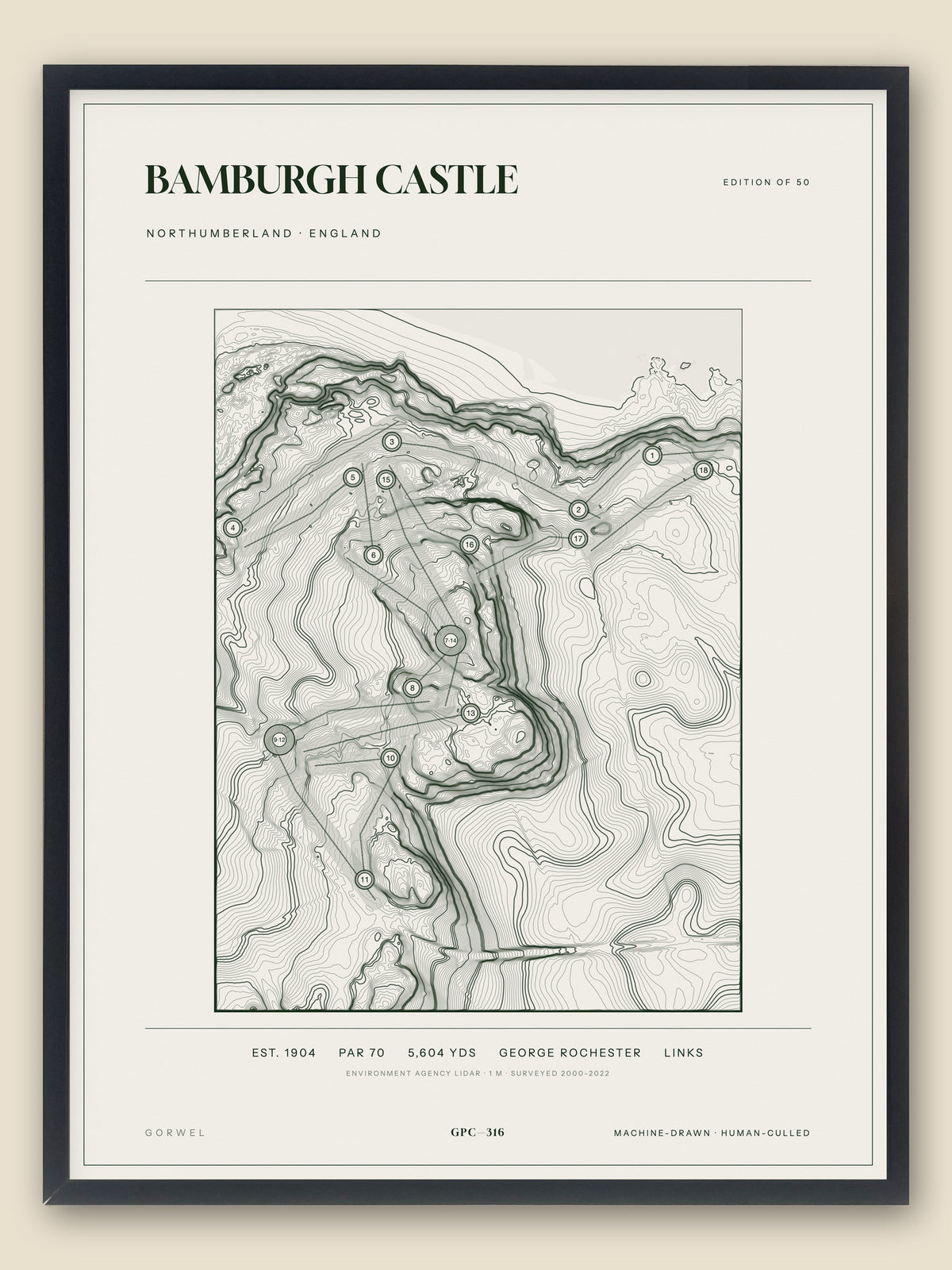 Bamburgh Castle, Northumberland topographic golf course print, framed — Gorwel Print Co
