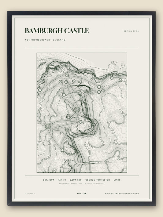 Bamburgh Castle, Northumberland topographic golf course print, framed — Gorwel Print Co