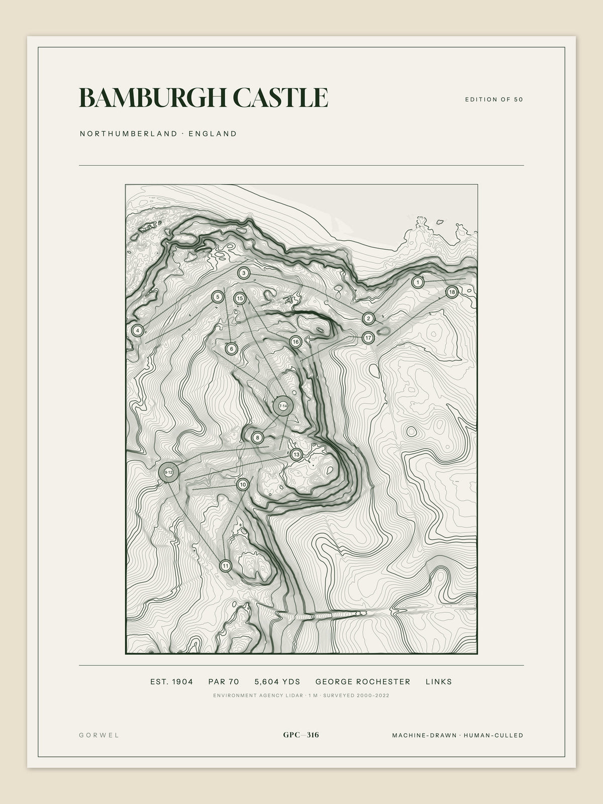 Bamburgh Castle, Northumberland topographic golf course print