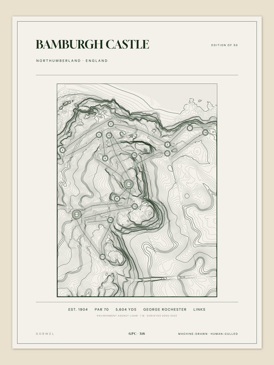 Bamburgh Castle, Northumberland topographic golf course print