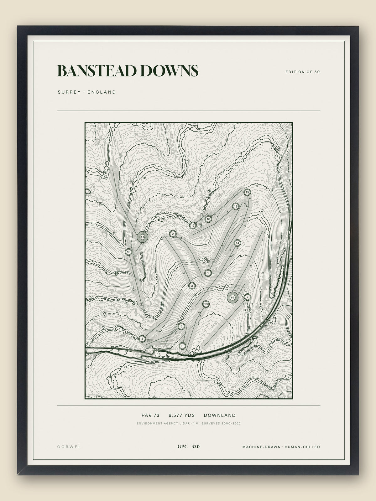 Banstead Downs, Surrey topographic golf course print, framed — Gorwel Print Co